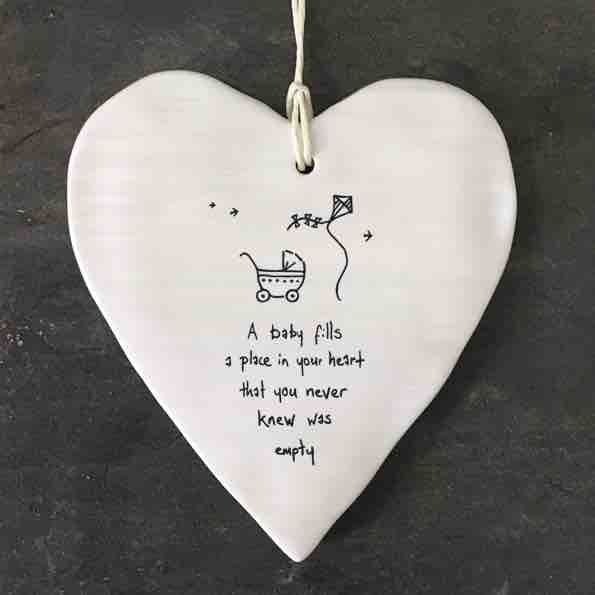 East of India 'A Baby Fills' Porcelain Hanging Wobbly Heart