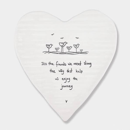 East of India Friends We Meet Porcelain Heart Coaster White
