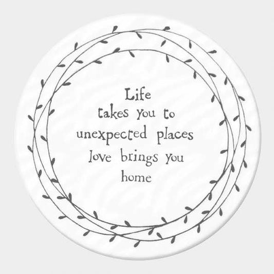 East of India Life Takes You Porcelain Leaf Coaster White