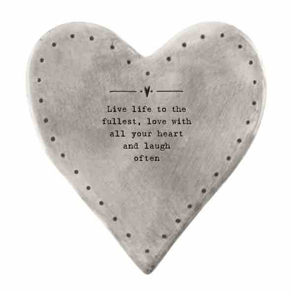 East of India 'Live Life' Rustic Heart Coaster White