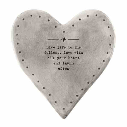 East of India 'Live Life' Rustic Heart Coaster White