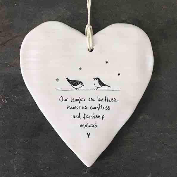 East of India 'Our Laughs Are Limitless' Porcelain Hanging Wobbly Heart
