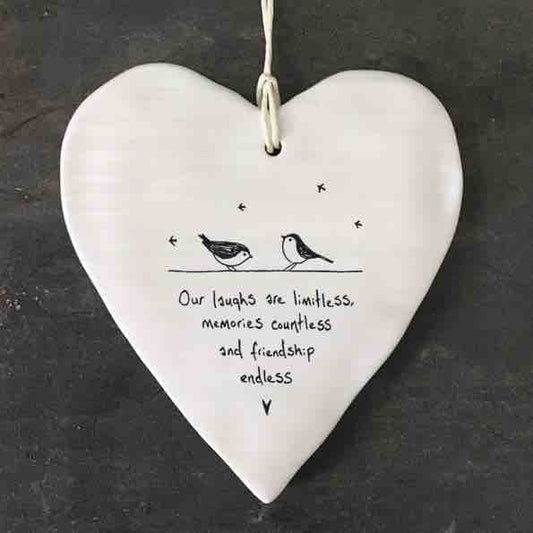 East of India 'Our Laughs Are Limitless' Porcelain Hanging Wobbly Heart